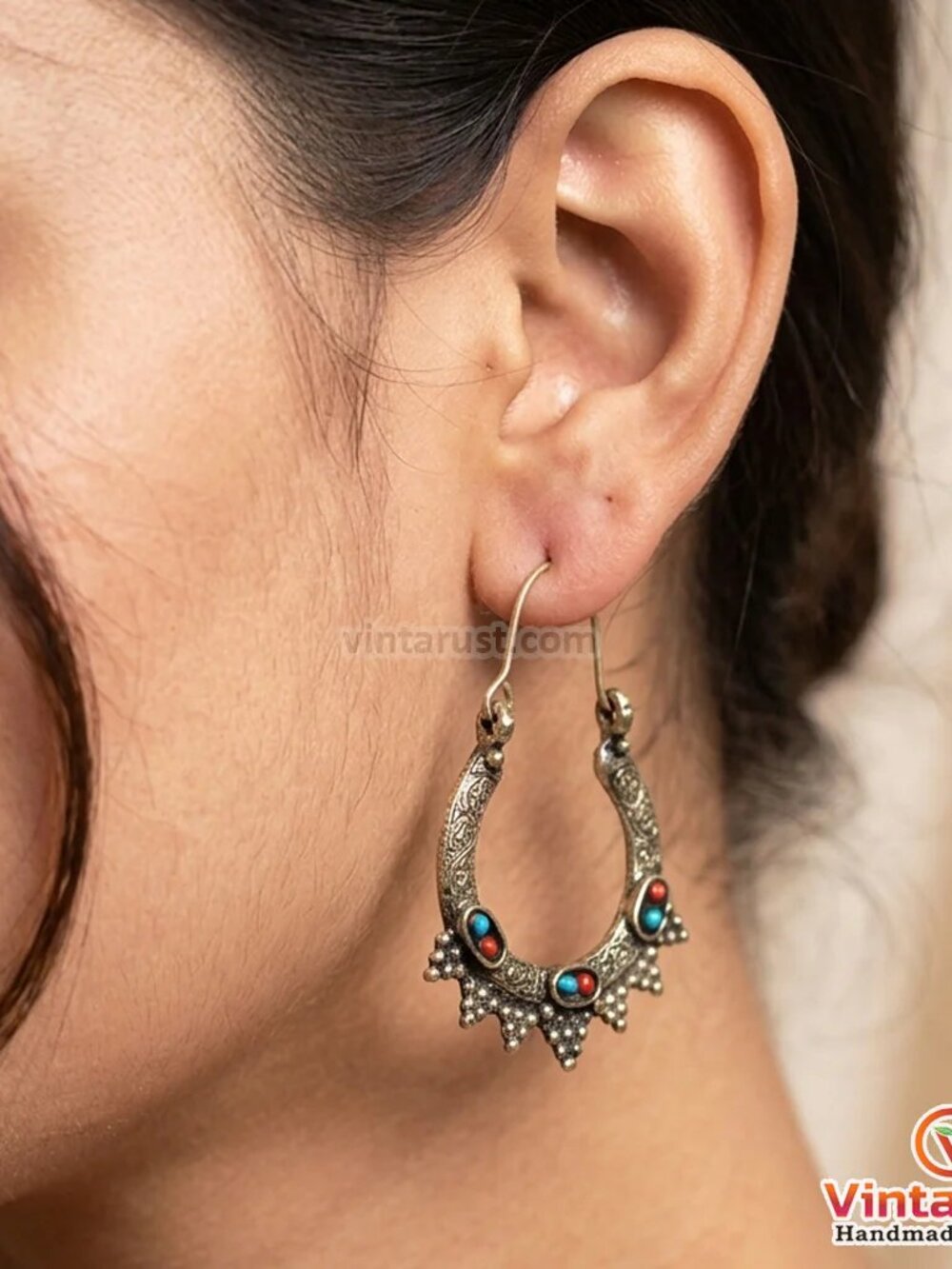 Silver Antique Hoop Earrings: Handmade Statement Boho Jewelry
